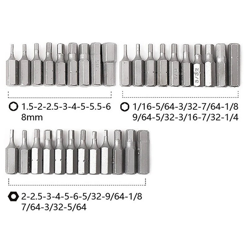 Set of drill bits with measurements on a white background