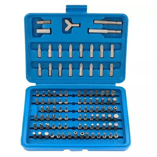 Blue tool bit set with various drill bits in a case on a white background