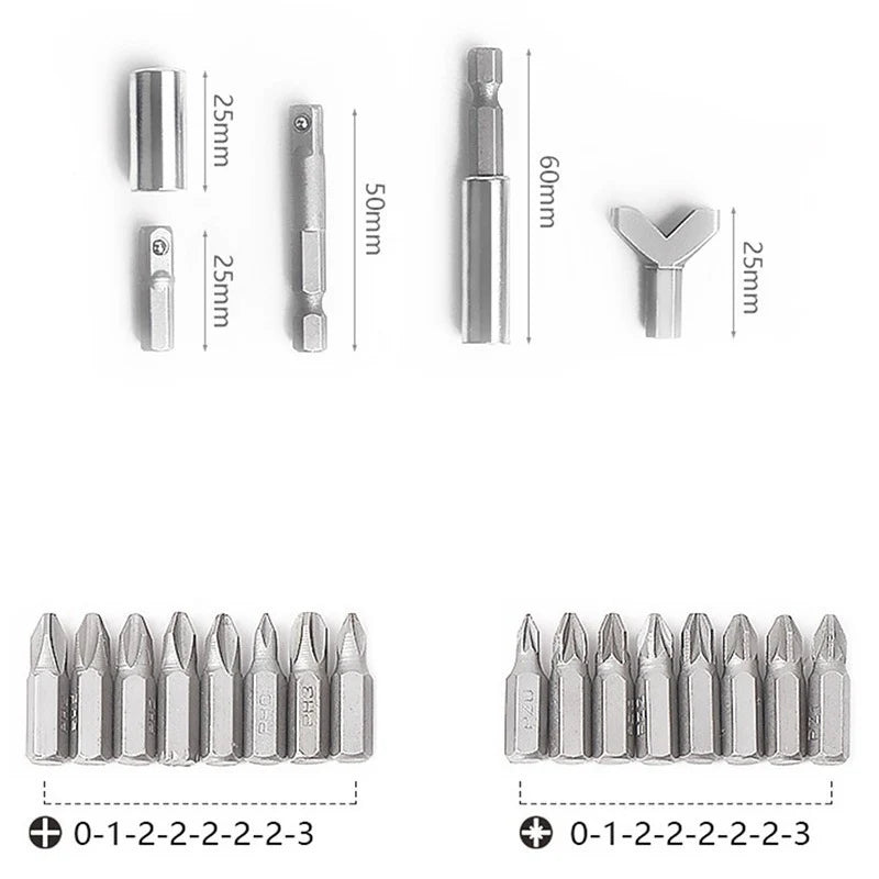 Set of screwdriver bits with measurements on a white background