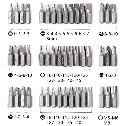 Set of various drill bits with measurements on a white background