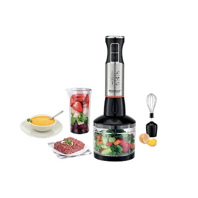 A black EISENBACH Professional Turbo Mix JE-903E hand blender with accessories including a whisk, chopping attachment, and measuring cup, displayed alongside prepared food items.