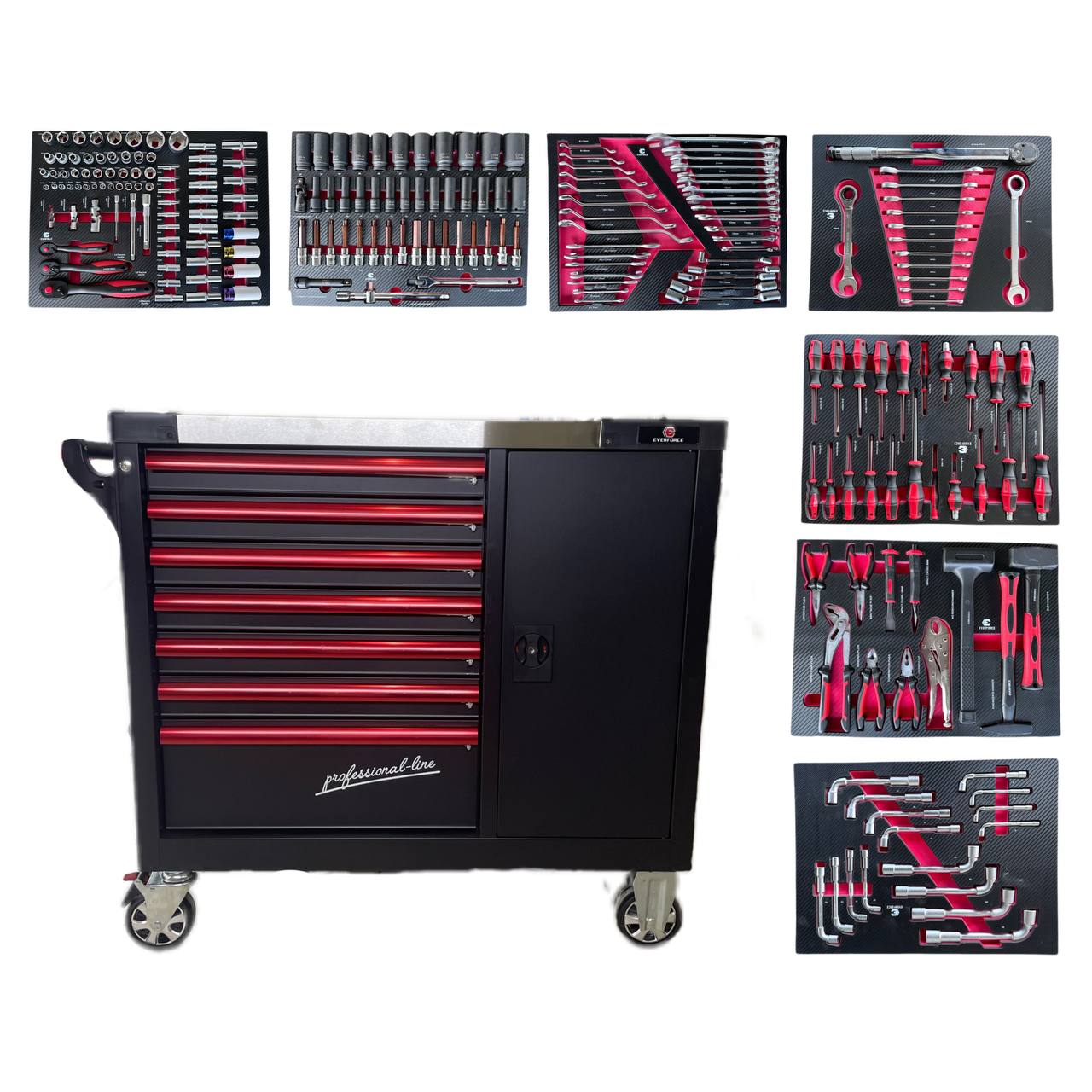 Инструментальная тележка Everforce - 7 ящиков, 7 полных ящиков, 226 предметов, 04-1010, купить в Риге