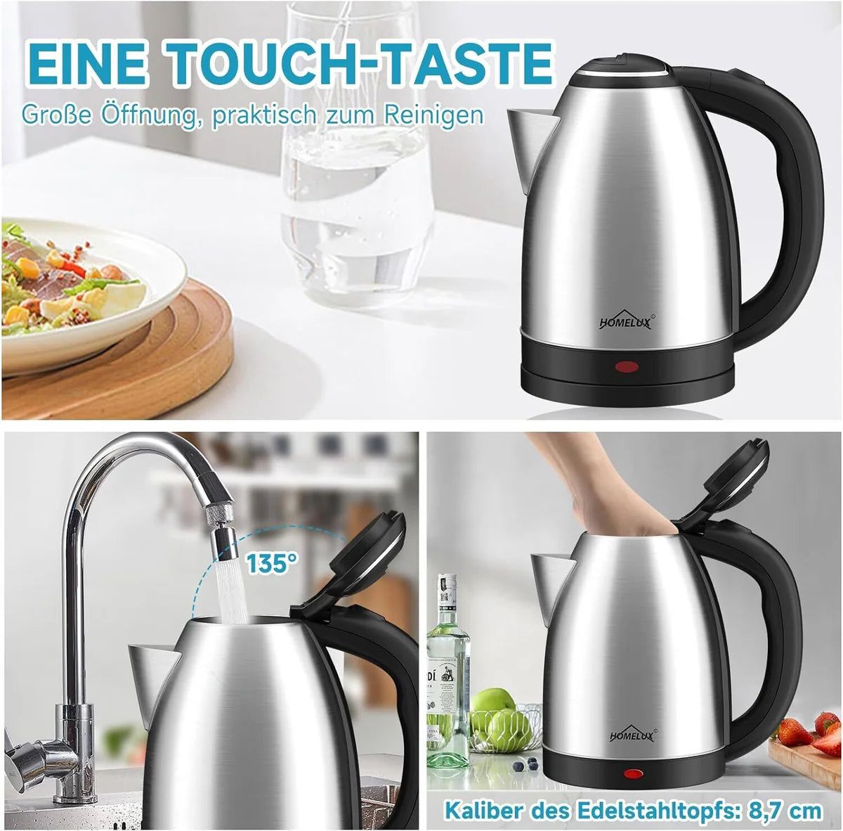 Stainless steel electric kettle with text on a kitchen background