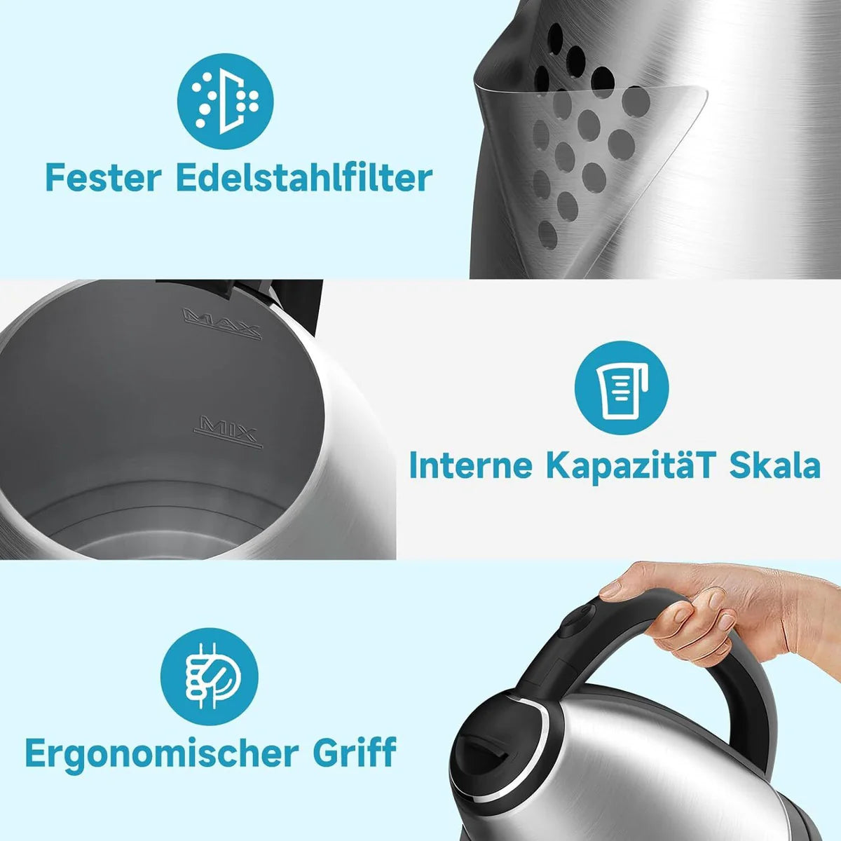 Stainless steel kettle with features highlighted on a light blue background