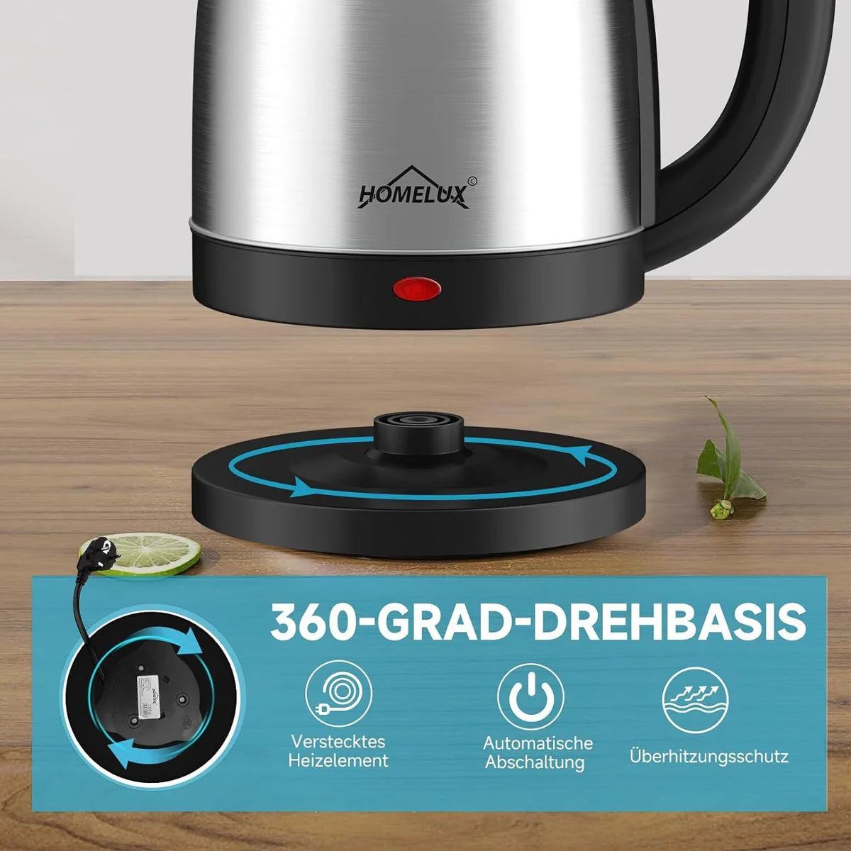 Stainless steel electric kettle with a 360-degree swivel base on a wooden surface.