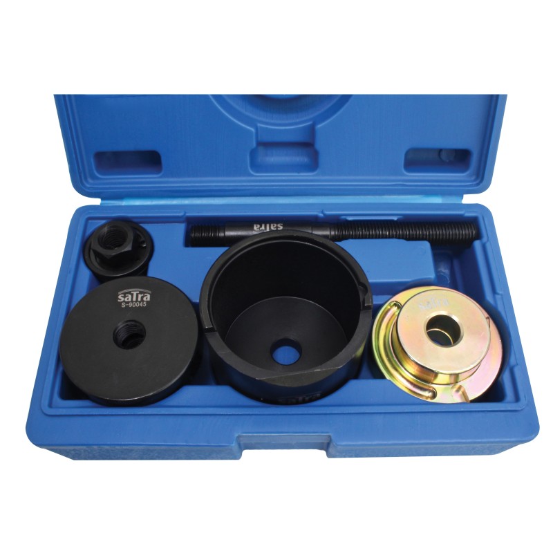 Professional-grade automotive specialty tool designed for the efficient, on-car removal and installation of front suspension control arm bushings on VAG-group vehicles. Engineered to eliminate the need for complete control arm disassembly, significantly reducing labor time in professional workshops and home garages alike.