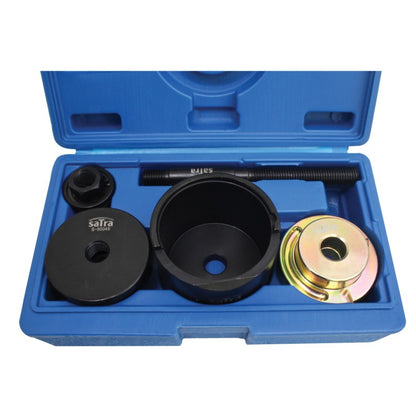 Professional-grade automotive specialty tool designed for the efficient, on-car removal and installation of front suspension control arm bushings on VAG-group vehicles. Engineered to eliminate the need for complete control arm disassembly, significantly reducing labor time in professional workshops and home garages alike.