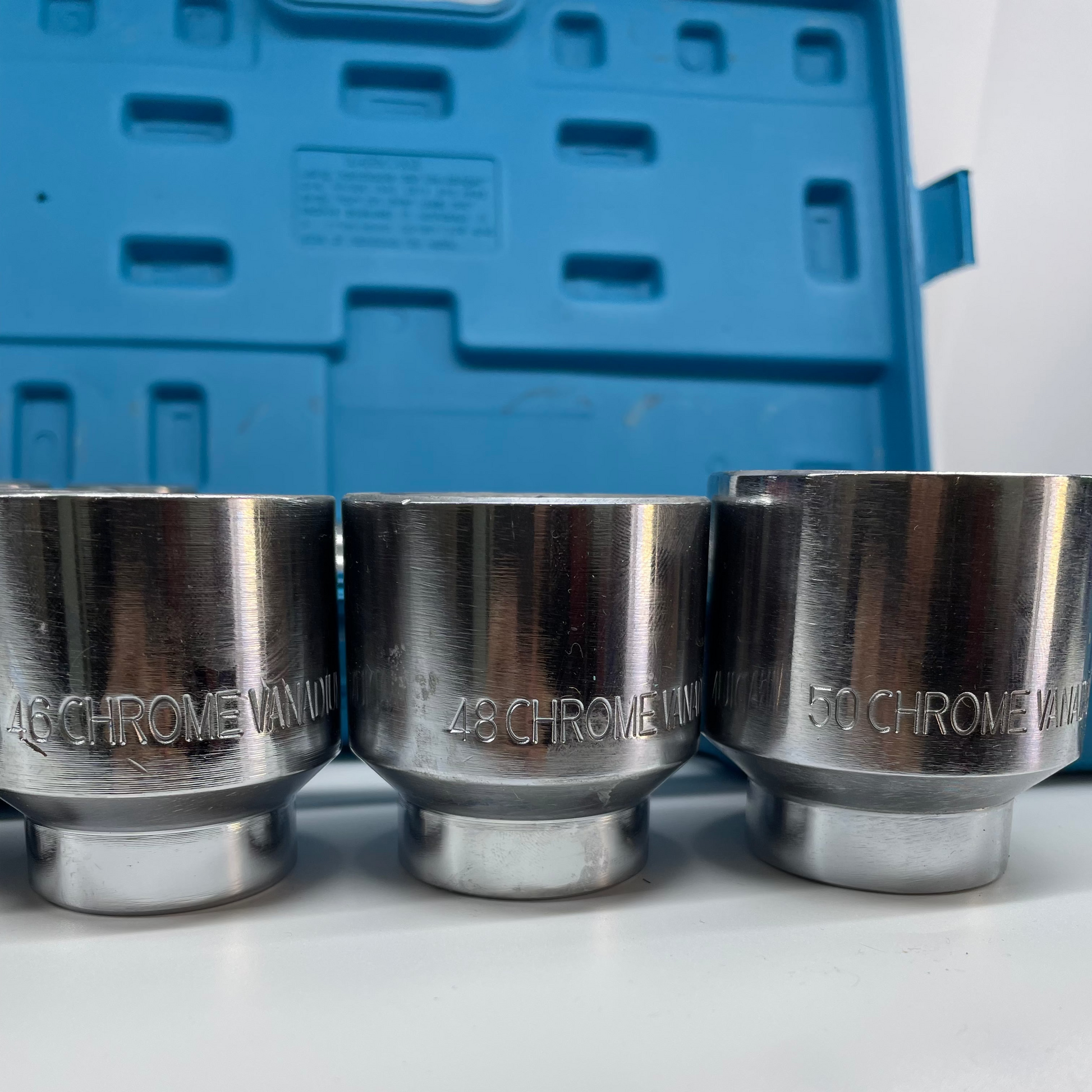 Three metallic socket tools with 'Chrome Van' branding on a white surface.