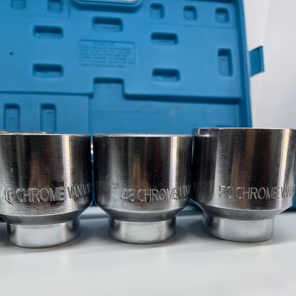Three metallic socket tools with 'Chrome Van' branding on a white surface.